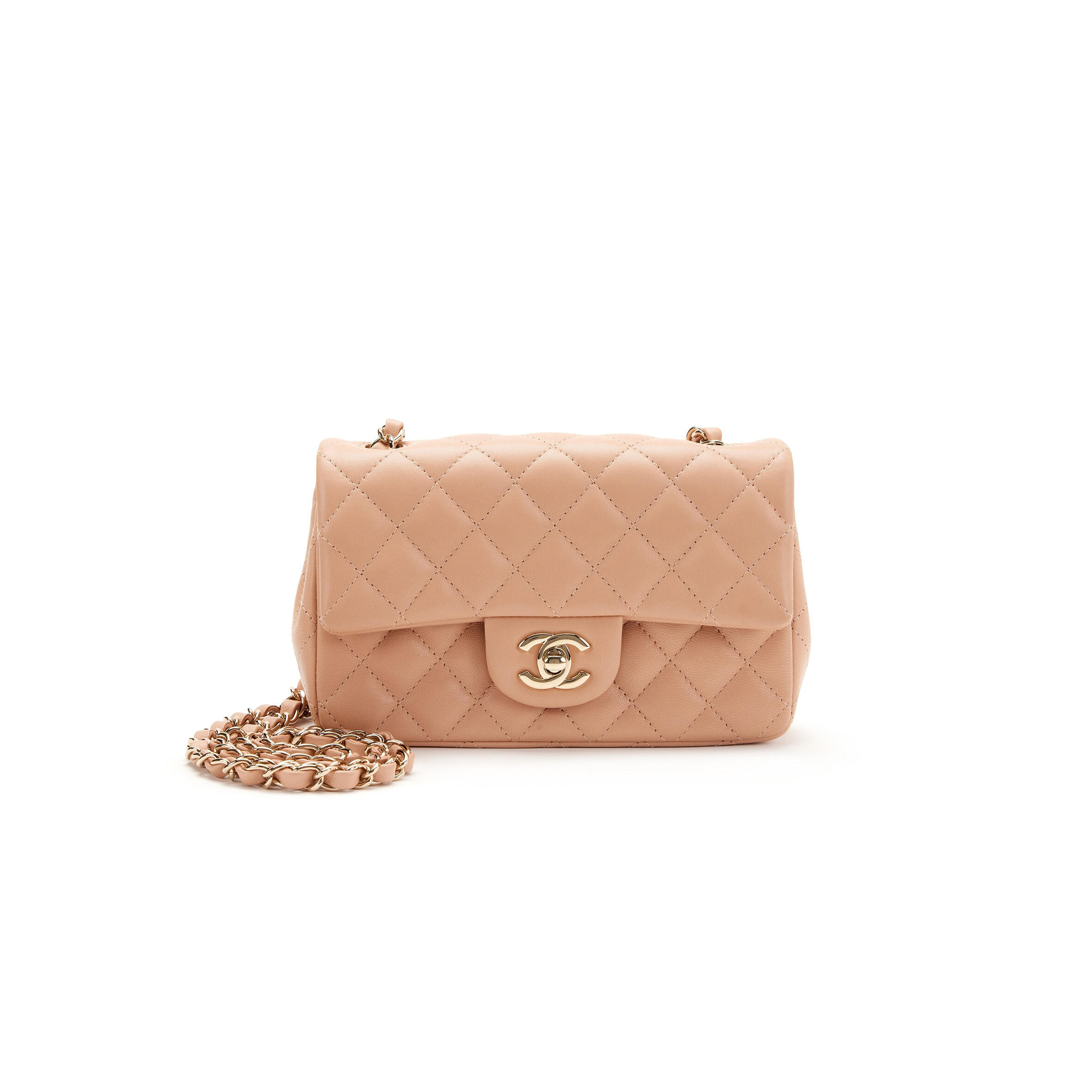 CHANEL LIGHT BEIGE QUILTED LAMBSKIN RECTANGULAR MINI CLASSIC FLAP GOLD HARDWAR AS1116 (20*12*6cm)